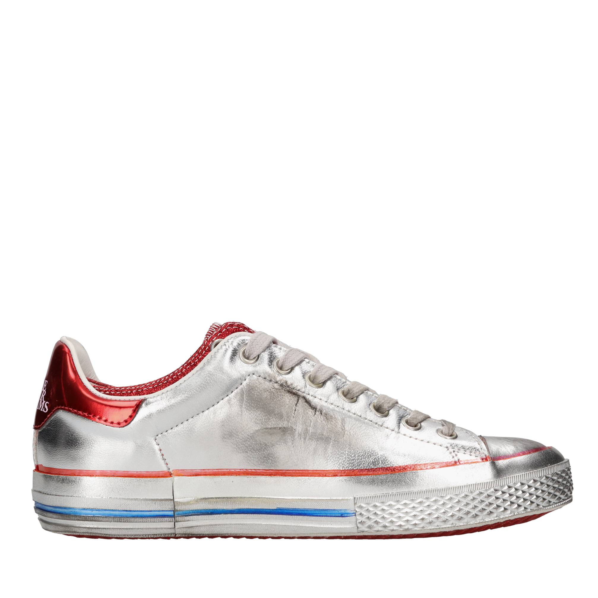 Vintage effect leather sneakers, with glitter fabric inserts